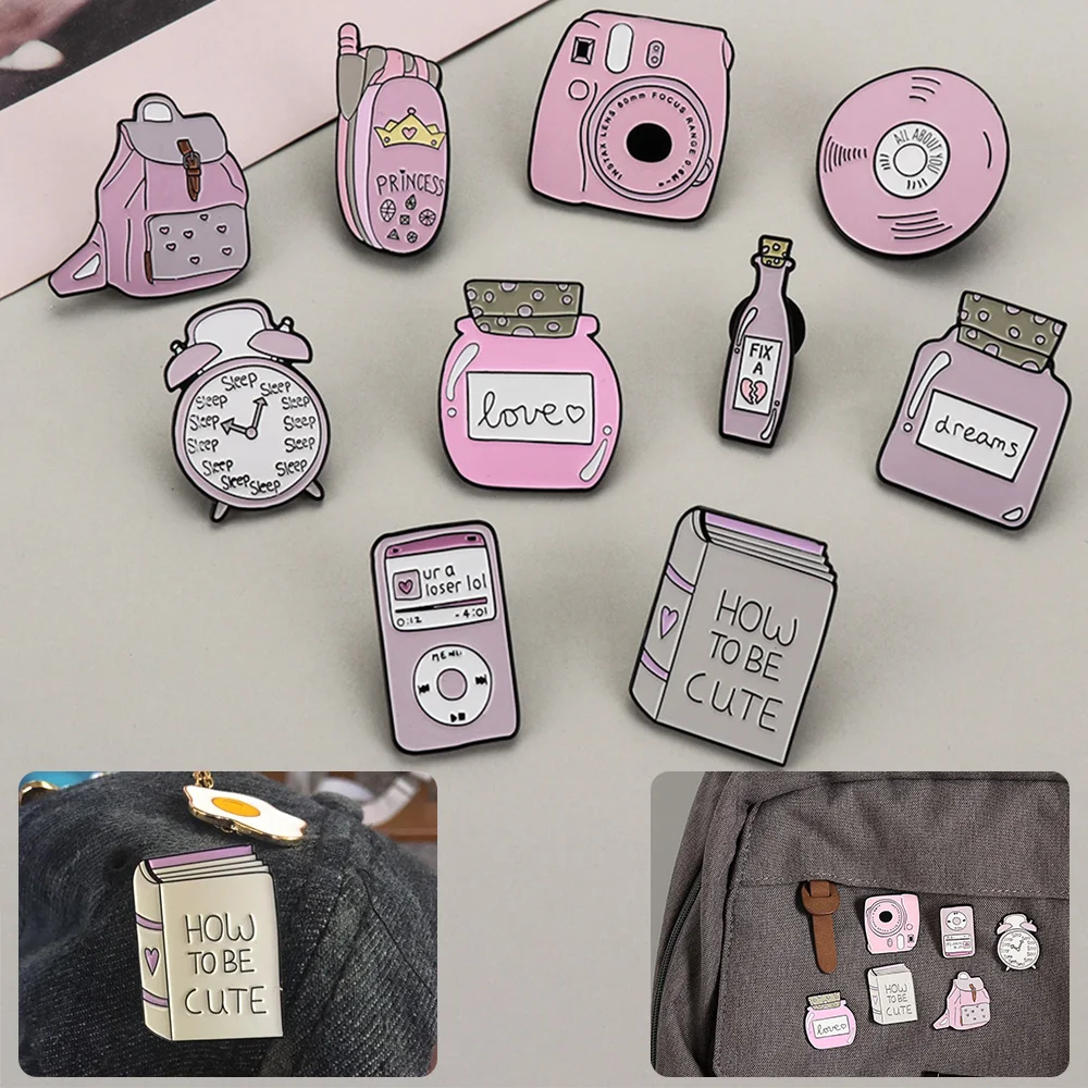 

5Pcs/Set Phone Book Camera Backpack Record Cute Cartoon Enamel Brooch Pin Collar Lapel Pin Badges Decor