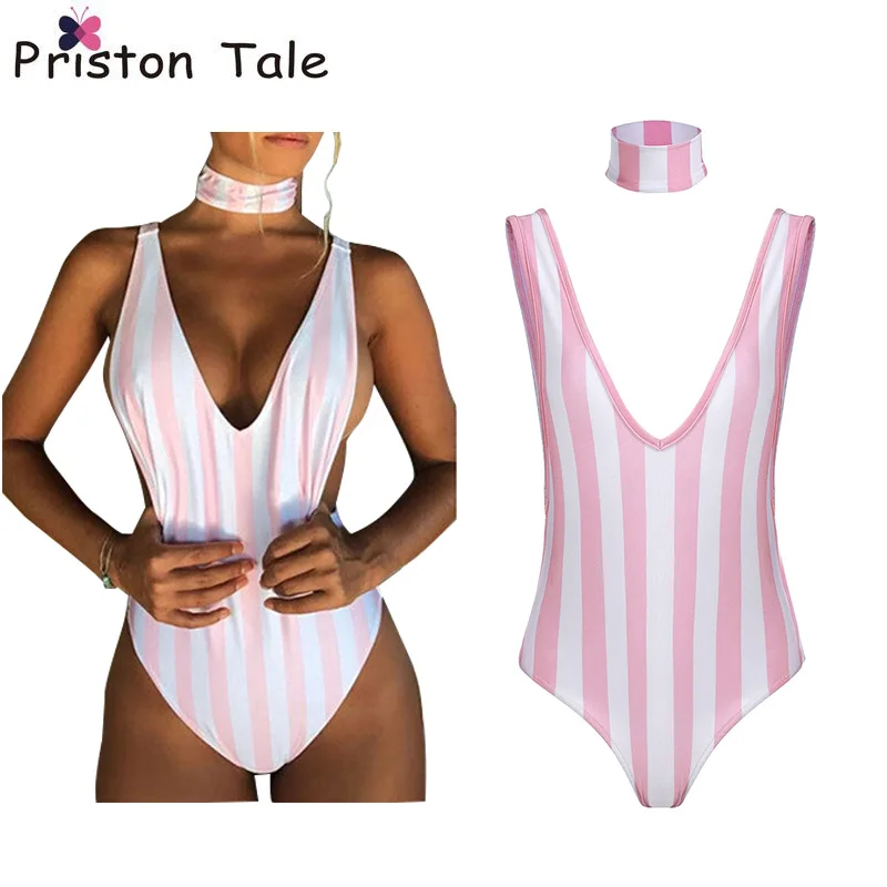 pink and white striped bathing suit