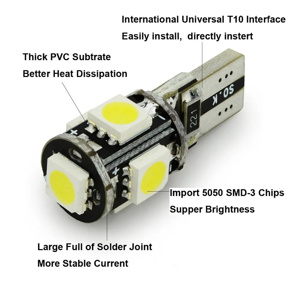 100 шт. T10 Canbus светодиодный Белый автомобильные лампочки W5w 5 SMD 5050 супер яркий 194 168 2825 Клин светодиодный сбоку карта внутренние лампы