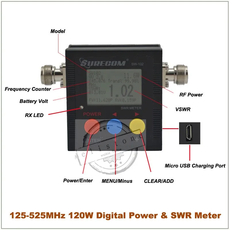 SURECOM SW-102 КСВ 1,00-19,9 цифровой VHF/UHF 125-525 мГц Мощность и КСВ-метр для двухстороннее радиолюбитель Walkie Talkie Оптовая J6510A