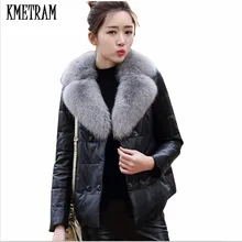 KMETRAM женские Модные плюс Размеры натуральная куртка из овечьей кожи куртка-бомбер из натурального Лисьего меха, пальто, кожаная куртка 3XL HH672