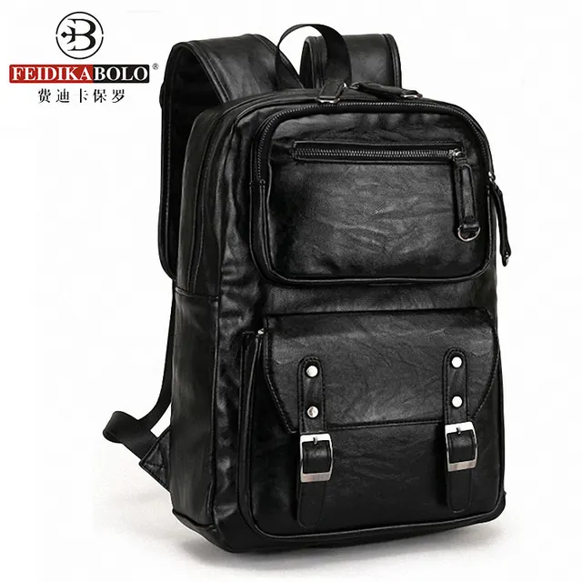 Leather Men's Backpack Male Bookbag Black Waterproof Mochila Masculina