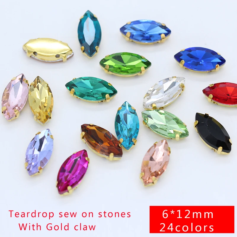 

50p 6x12mm Navette color sew on czech crystal glass flatback rhinestones gold claws Montees DIY jewelry for Costume Dress Crafts