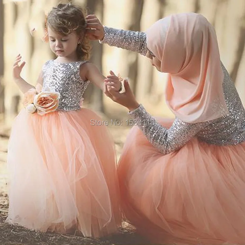 Mother Daughter Gowns Long Sleeve Muslim Dress for Wedding Party Islamic Dresses with font b Hijab