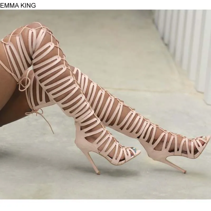 

EMMA KING Thin High Heels Summer Boots Women Cross Tied Pointed Toe Hollow Out Breathable Sexy Sandals Rome Zapatos De Mujer