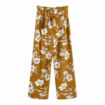 

Yellow Home Print Set Casual Cargo Pants Women Pantalon Femme Trousers Flower