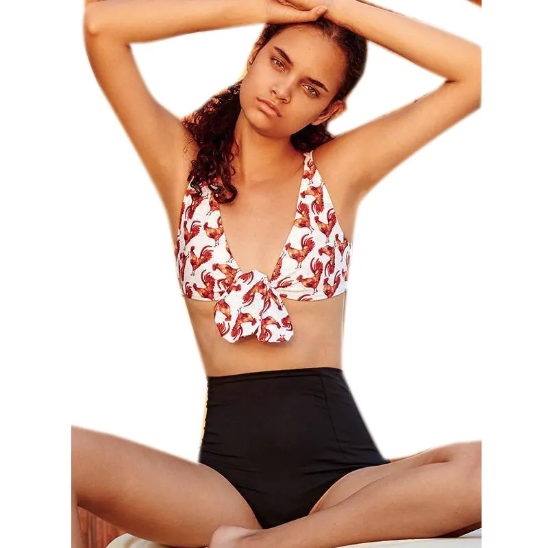 Print Red Cock Bikini Black Bottom High Waist Swimsuit 2019 New Swimwear Beach Biquini Tankini Knot Bathing Suit |