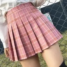 Корейский стиль, женская плиссированная короткая юбка на молнии с высокой талией, Повседневная мини-юбка трапециевидной формы в клетку для школьниц, летняя модная женская юбка на пуговицах