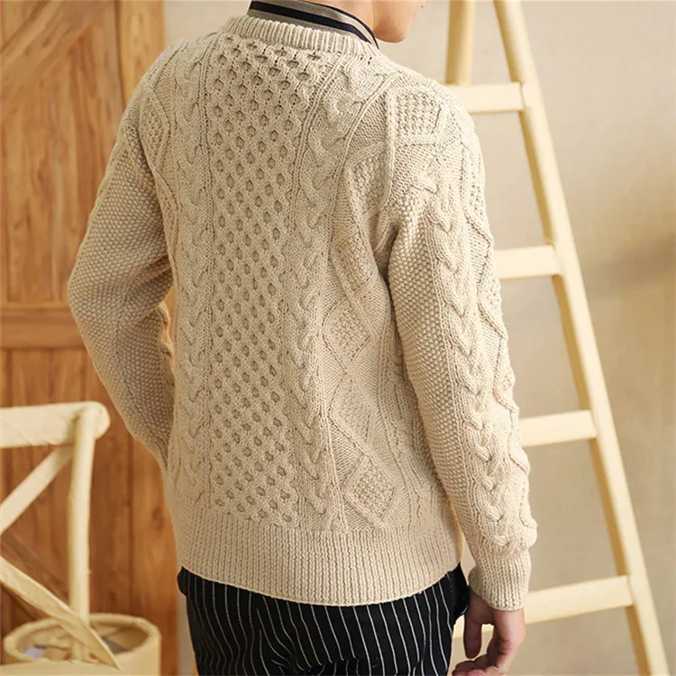 100%hand made pure wool Oneck knit men vintage solid thick H-straight pullover sweater one&over siz