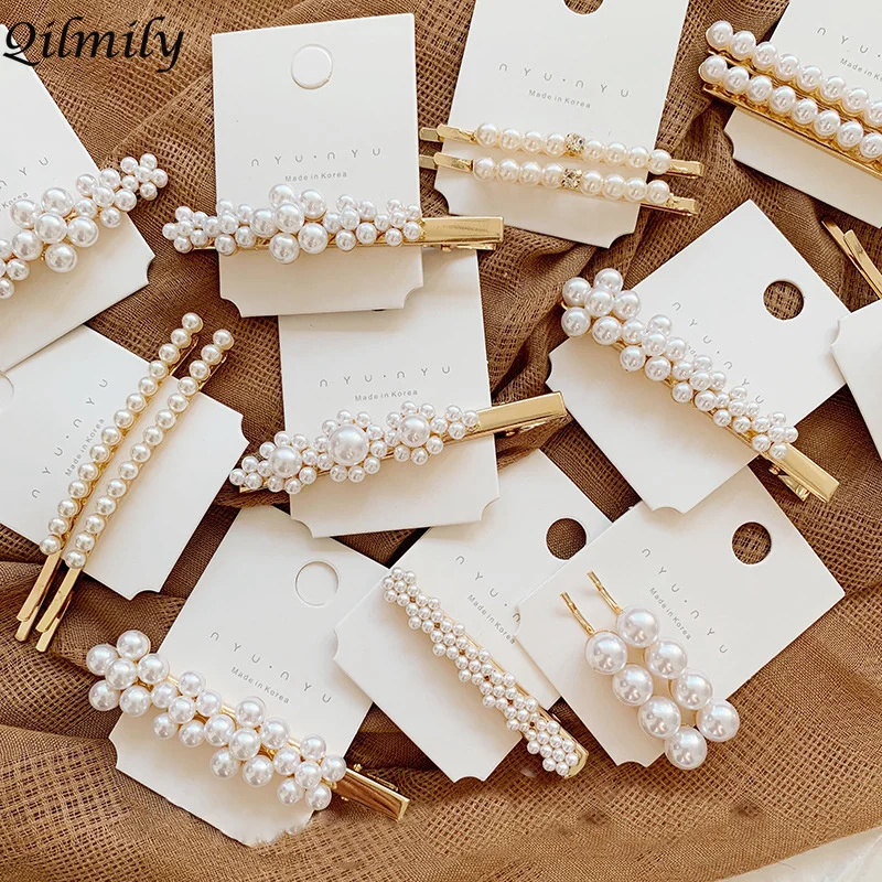 

Qilmily Ins Beautiful Pearl Flower Hair Clip for Women Girls Retro Word Clip Bangs Clip Net Red Side Gift Souvenir Wedding Party