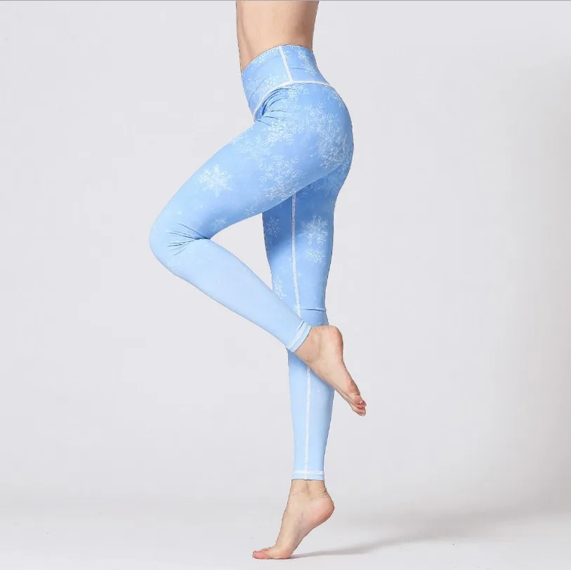 Женские штаны для йоги с высокой талией, для фитнеса, пуш-ап, трико, для спортзала, с цветами, спортивные Леггинсы, с принтом, для контроля живота, для пробежек - Цвет: Snowflake Blue Long