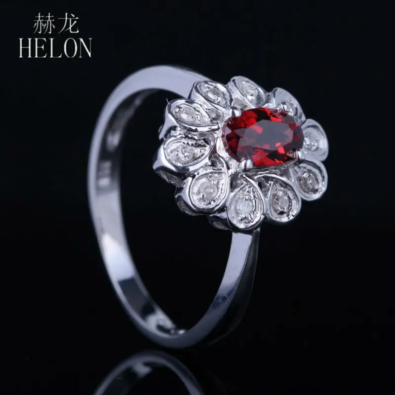 

HELON 6x4mm Oval Genuine Garnet Ring Pave Natural Fine Diamonds Ring Sterling Silver 925 Fine Jewelry Women's Wedding Ring