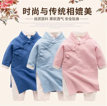

2019 Baby Boys Girls long-sleeved Cotton Han Chinese Clothing Chinese Style Three-button Jumpsuit Costume Clothes Set