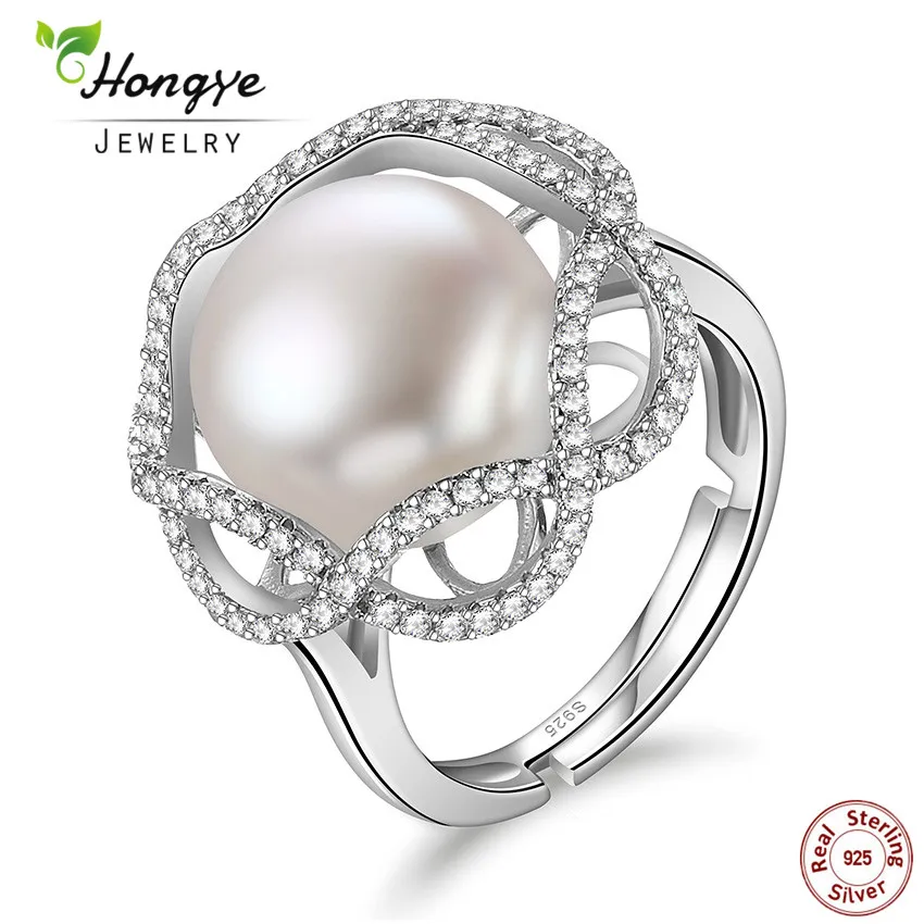 Hongye 2020 Luxury 11mm Big Natural Freshwater Pearl 925 Sterling Silver Adjustable Rings Jewelry Flower Design for Women Gift | Украшения