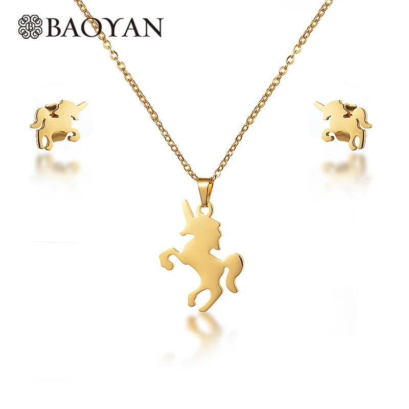 

BAOYAN Simple Unicorn Gold Color Stainless Steel Fashion Pendant Earrings Jewelry Sets for Women Men