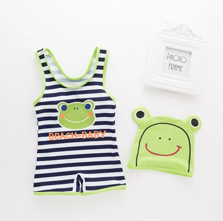 

New Arrival Lovely Striped Frog Pattern Baby Boy Conjoined Swimwear with Swimming Cap/Children Hot Spring Swimming Suit 3094