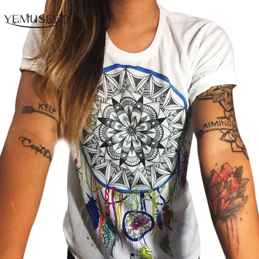 

YEMUSEED Rainbow Dream Catcher Crew Neck Top Women Harajuku Hipster T shirt White Print Tee shirt WMT275