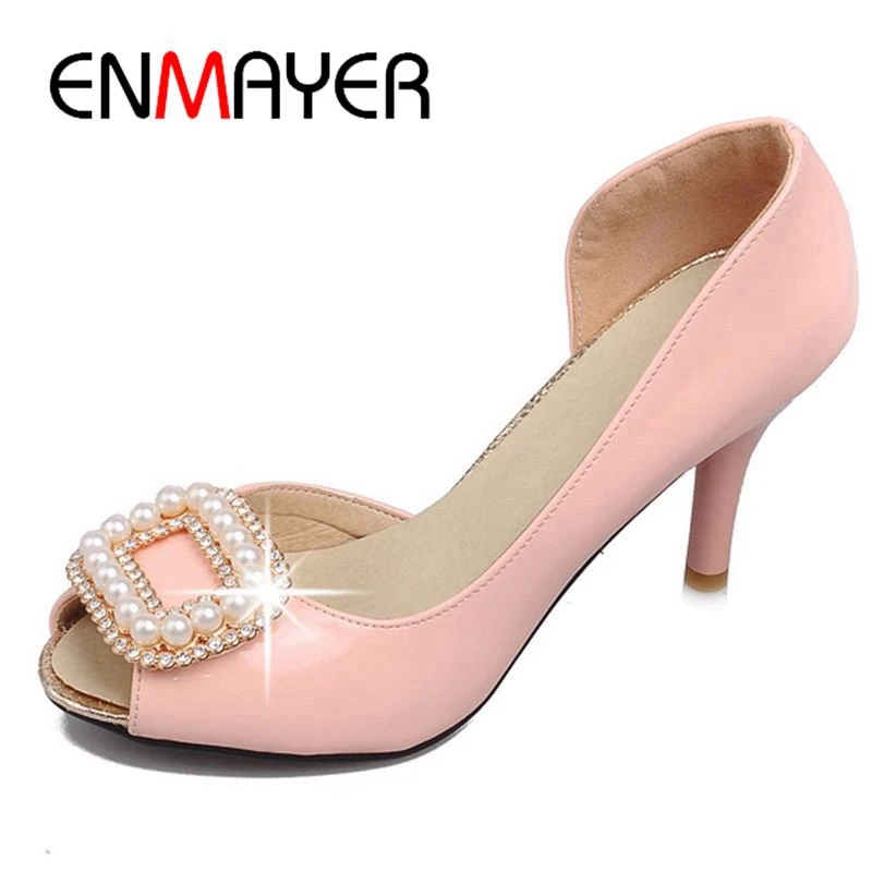 

ENMAYER Open Toe Heels Basic Casual Sandalias De Mujer Verano 2019 Summer Fashion Pearl Women Shoes Size 34-45 LY1338