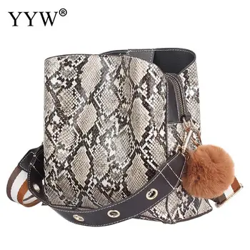 

Large Female Messenger Handbags With Fur Ball Snake Print Bucket Shoulder Bag For Women Pu Leather Crossbody Bag Torebki Damskie