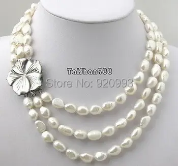 

Wholesale Free P&P**3 Rows Genuine White Pearl NEW Shell Flower Clasp Necklace