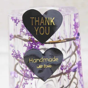 

100PCS black handmade gift labels gold /silver foil thank you self adhesive lables ,DIY heart shape bakery/cookies tag labels