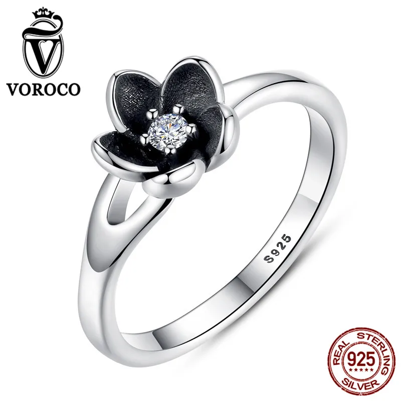 VOROCO HOT SELL Floral Flower Silver Ring For Woman Clear CZ Round Stone Female Rings 925 Sterling Silver Jewelry anillos P7154