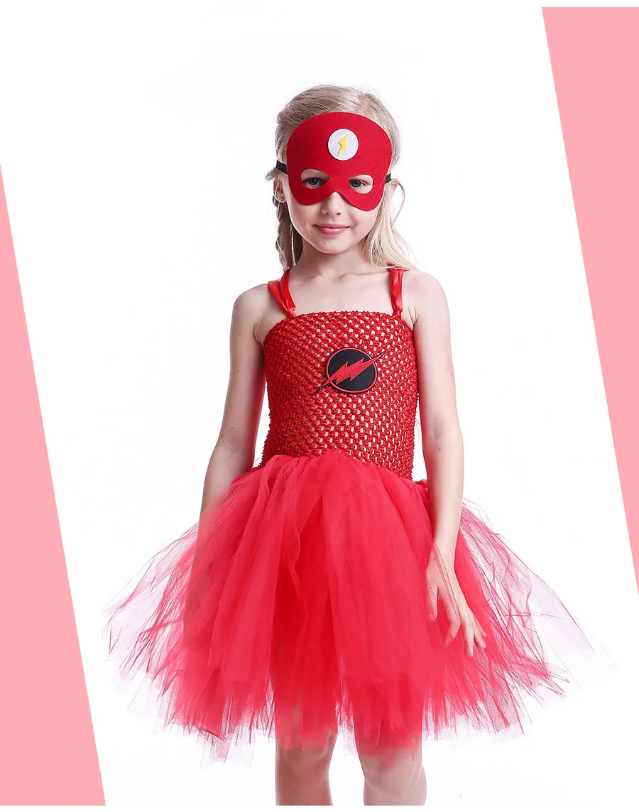 Girl Flash Inspired Superhero Tutu Dress Costume with Mask Kids Birthday Party Halloween Purim Clothing Cosplay Photo Props Dress (2)
