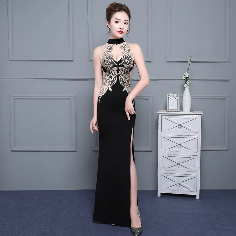 

Female Party Dress 2019 Sleeveless Maxi Evening Gown Nightclub Black Sexy Sweetheart Robe Fete Gala Dress Ceremony Costume TS165