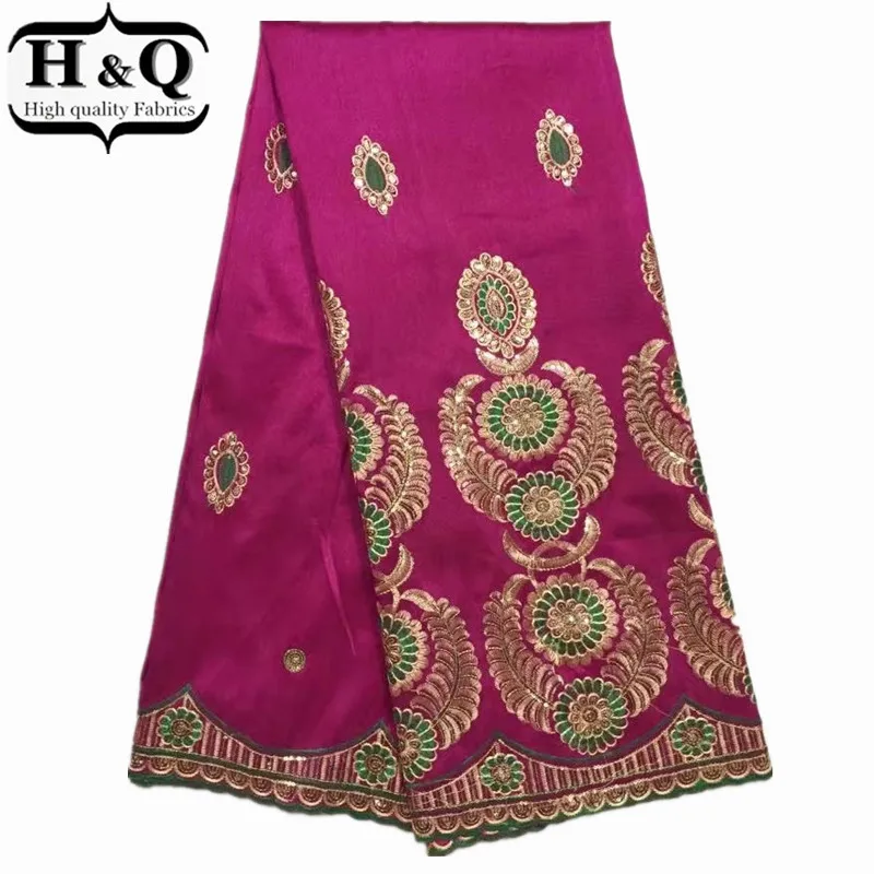 

H&Q High Quality African George Satin Lace Fabric with sequins Rose Red Indian Silk Embroidered George Lace Fabric For Dress