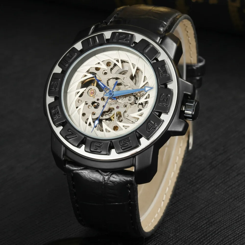 GOER brand Skeleton man automatic watch Leather mechanical waterproof Luminous digital Male wrist watch