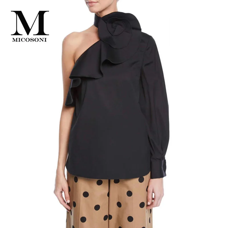 

High Quality 2019 Spring Summer New Working Women's Three-dimensional Flowers One Shoulder Long Sleeved Blouse Khaki Black Shirt