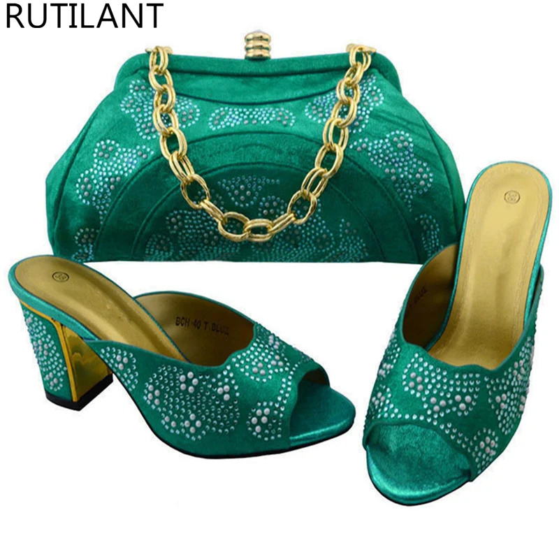 

New Arrival Teal Iatly Shoes and Bag Set Decorated with Rhinestone Ladies Matching Shoe and Bag Set for Wedding Rhinestone Shoes