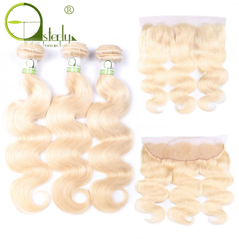 Sterly Blonde Bundles With Frontal Body Wave 100% Brazilian Remy Human Hair Weft Extensions 613 with | Шиньоны и парики