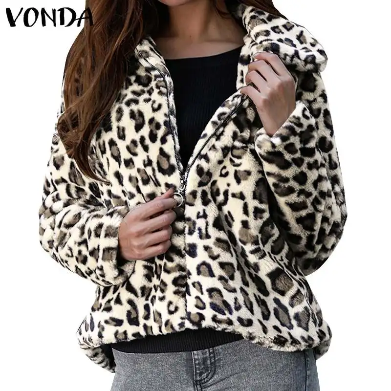 

VONDA Leopard Print Streetwear Winter Faux Fur Jackets Coat Women Clothes 2019 Autumn Fashion Office Warm Ladies Outerwear 5XL