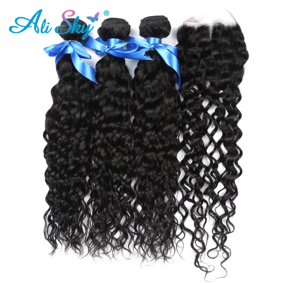 Malaysian Water Wave 3 bundles with Lace Closure Free/Middle/Three Part 100% Human Hair Non Remy No Shedding Natural Black