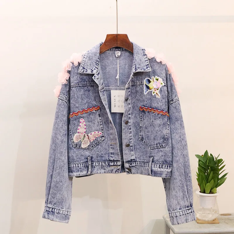3D Floral butterfly Embroidery denim jacket coat Women autumn denim