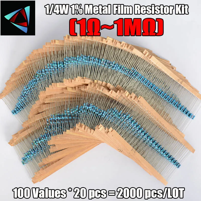 New Arrival 2000pcs 100 Values 1 4W 1M Metal Film Resistor Assorted Kit 1 ohm 1M