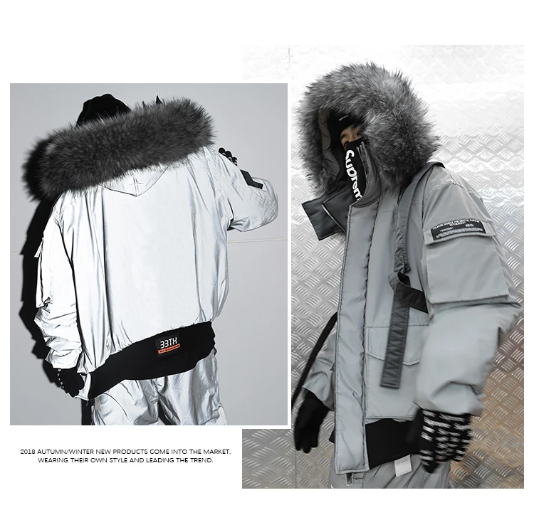 Зимние толстые 3M Светоотражающие меховым воротником куртка пара обувь для мужчин и женщин Свободные в стиле хип-хоп уличный с капюшоном одежда из хлопка куртка