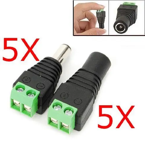 5Pcs Male & Female Mark Polarity DC Power black Adapter Plug Led Strip