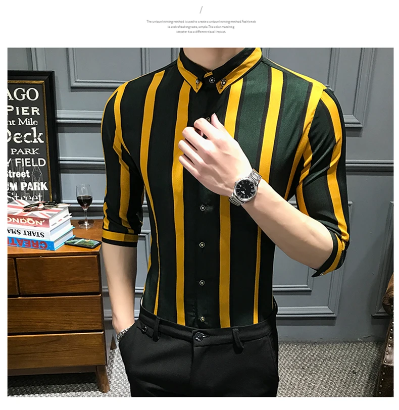 YASUGUOJI, новинка, летняя мода, приталенная Мужская рубашка, с отворачивающимся рукавом, рубашка для мужчин, черный и желтый, контрастный цвет, полосатая рубашка для мужчин