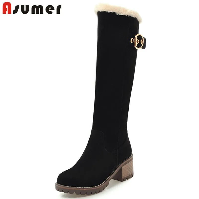 Meilleur ASUMER Plus taille 34 43 Nouveau 2018 Genou Haute Bottes Talon Carré Hiver Neige Bottes Bout Rond Chaud Plate Forme dames de mode Chaussures