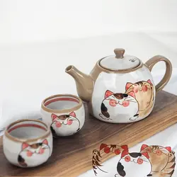 Японский милый мультфильм Кот Кунг фу чайник чайный сервиз грубая керамика подглазурная роспись цвета