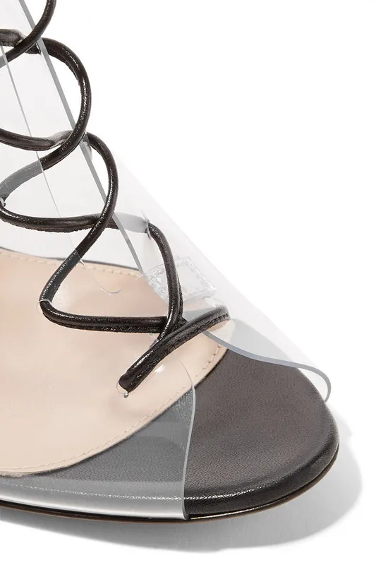 Qianruiti Transparent Clear PVC High Heels Sandals Peep Toe Slingback Women Pumps Kim Kardashian Style Lace-Up Women Shoes