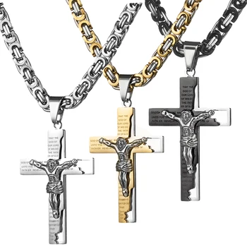 Collana a catena bizantina piatta da 6 mm per gioielli da collo da uomo in acciaio inossidabile argento oro colore nero ciondolo croce di Gesù 1