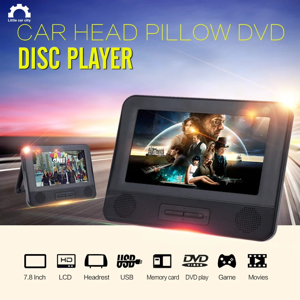 7.8Inch Car Radio Dual Headrest LCD TFT Monitors Car Pillow DVD Support Disc Game Movies USB SD MMC MP3 MP4 Player