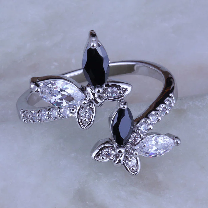 

Love Monologue New Style Trendy Black imitation Onyx CZ Butterfly Rings, 925 Stamp Silver Color Rings Size 6 / 7 / 8 / 9 J0279