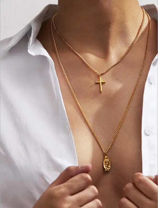 

Sexy Cross Multilayer Chain Necklace Gold Color Bar Medals Star Long Pendant Necklace Ladies Collier Long Fashion Chokers