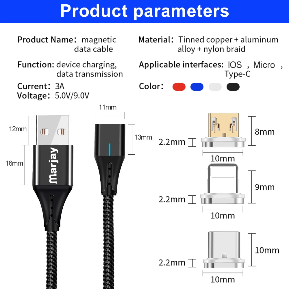 Магнитный Micro USB кабель Marjay для быстрой зарядки 1 м 2 м для samsung Xiaomi Магнитный кабель Micro USB кабель для передачи данных для мобильного телефона