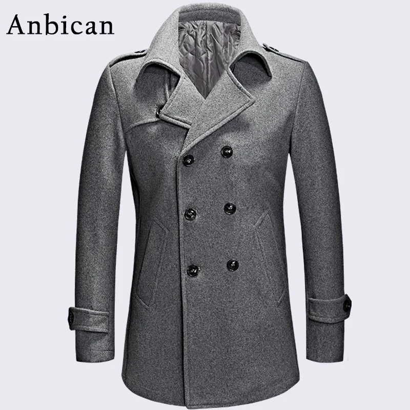 Anbican Fashion Gray Men Winter Coat Wool Blend Double Breasted Long ...