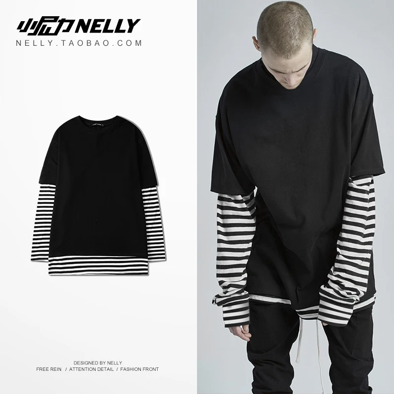 

2019 Autumn Winter European Stripe Long Sleeve T-Shirt Fake Two Pieces Casual Wild Harajuku Men's Tee Shirt Street Costume